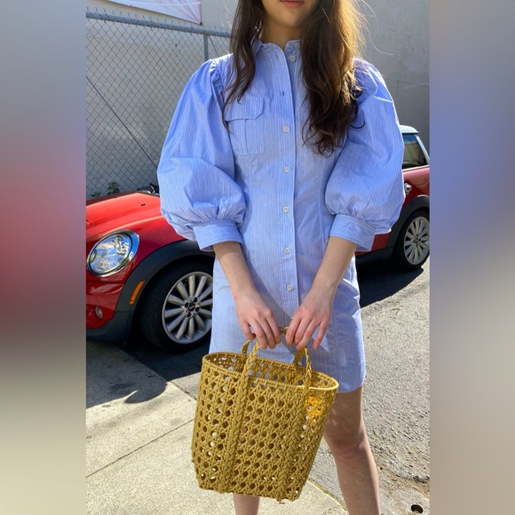 GANNI Stripe Cotton Puff Sleeved Blue Shirt Dress - Picture 1 of 12
